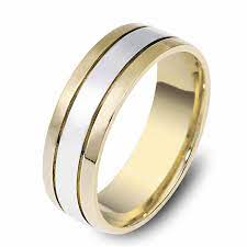 Dora Dualtone Striped Mens Wedding Band In White And Yellow Gold Mens Wedding Rings Gold Yellow Gold Mens Wedding Ring Mens Wedding Bands White Gold