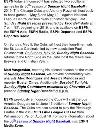 Key combination to navigate site. Espn Adds Two Back To Back Cubs Games To The Sunday Night Baseball Schedule One Against Mil And One Against Stl Baseball