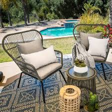 3 Piece Patio Wicker Conversation Bistro Set W 2 Chairs Table Cushions Bistro Set Outdoor Patio Decor Glass Top Side Table
