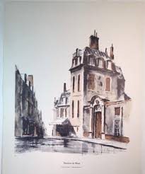 Vintage John Hulse midcentury modern cityscape lithograph Impression du  Marais