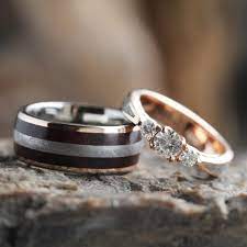 Meteorite Wedding Ring Set Moissanite Engagement Ring With Petrified Wood Wedding Band 3552 In 2021 Meteorite Wedding Rings Cool Wedding Rings Wedding Ring Designs