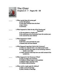 The Giver Multiple Choice Quiz On Chapter 6 And 7 The Giver Common Core State Standards School Related