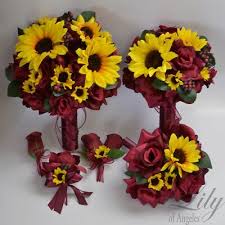 All flowers are beautiful in their own way, and that's like women, too. 17 Piece Package Wedding Bridal Bouquet Silk Flower Sunflower Burgundy Yellow In 2021 Sunflower Wedding Sunflower Themed Wedding Cheap Wedding Flowers