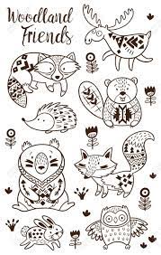 Download Woodland Animal Coloring Pages For Kids Hand Drawn Vector On Royalty Free Cliparts Vectors And Stock Illustration Image 58720204