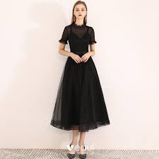 Modest Simple Homecoming Little Black Dress 2020 A Line Princess Bow High Neck Short Sleeve Tea Length Gra Model Pakaian Gaya Model Pakaian Gaya Berpakaian