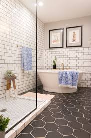 Midcentury Bathroom Black Hexagon Tile Subway Tile Bath White Bathroom Tiles Bathroom Tile Renovation Bathroom Tile Designs