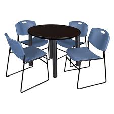 Regency Kee Round Mocha Walnut Breakroom Table With 4 Stackable Zeng Chairs Table And Chair Sets Metal Chairs