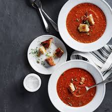 Roasted Red Pepper And Tomato Soup With Thyme Croutons Recipe Stuffed Peppers Tomato Soup Recipes Roasted Red Peppers