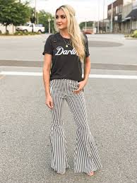 Black And White Striped Flare Pants Outfit Jailhouse Denim Black And White Bells Bell Bottom Pants Outfit Bell Bottoms Outfit Flared Pants Outfit