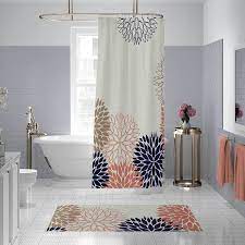 I taped out the shower curtain onto the kitchen floor with some packing tape and then set about drawing on it with a black magic marker. Chrysanthemum Shower Curtain Bath Mat Set In Blue And Pink Floral Shower Curtains Modern White Bathroom Stylish Bathroom