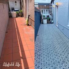 Affordable Path Update Stenciled Tiles Patio Tiles Painted Patio Patio Flooring