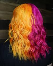 Pink Yellow Split Hair Green Hair Hair Styles Split Dyed Hair