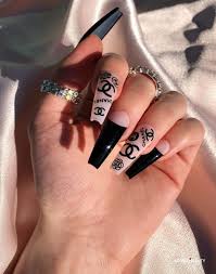 The child colors glimpse amazing and clean on this bit of nail art. Black Chanel In 2021 Chanel Nails Design Long Acrylic Nails Coffin Long Square Acrylic Nails