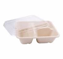 Plateau repas en cellulose naturelle fibre de canne à sucre et couvercle  PET - 3 compartiments - carton de 100 unités