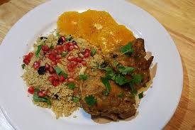 Divide the pea shoots between two plates or shallow dishes and then gently top each with the chicken couscous salad. Chicken And Date Tajine Couscous With Almonds And Pomegranate Orange Salad Imgur
