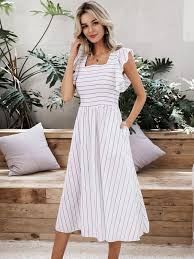 Simplee Shirred Bodice Butterfly Sleeve Striped Dress Shein In 2020 Striped Dress Dresses Butterfly Sleeves