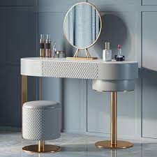 Modern Makeup Vanity Set With Drawer Mirror Leather Stool Included Gray Dressing Table Tempered Glass Tabletop In 2021 Grey Dressing Table Modern Makeup Vanity Leather Stool