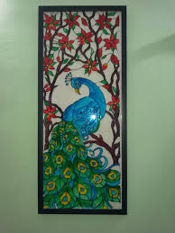 A Glass Painting Of A Peacock Using Fevicryl Hobby Ideas Acrylic Glass Paints Glass Painting Designs Glass Painting Fabric Painting