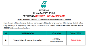 Berikut merupakan maklumat iklan kerja kosong yang ditawarkan oleh majikan terlibat. Jawatan Kosong Di Petronas Pelbagai Bidang Jawatan Jawatan Kosong Kerajaan Swasta Terkini Malaysia 2021 2022