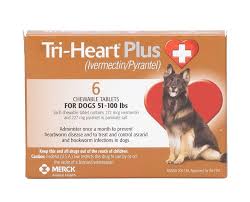 Tri Heart Plus Chewable Tablets For Dogs 51 100 Lbs 6 Treatments Brown Box
