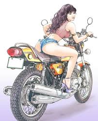 東本昌平イラスト 美女とバイクシリーズ デニムはみ出し桃尻美女 x kawasaki 750ss lawrence motorcycle x cars a your life 東本昌平 バイクアート バイク 写真