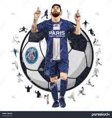 تصویرسازی لیونل مسی با لباس پاریسنژرمن و توپ فوتبال پشت سرش در زمینه سفید  1664104