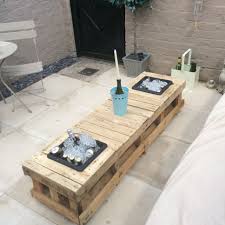 My First Attempt At A Pallet Table With Ice Buckets Diy Ice Bucket Outdoor Tables Pallet Furniture