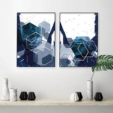Set Of 2 Printable Abstract Geometric Prints In Navy Blue Silver Downloadable Scandinavian Modern Wall Art Bedroom Decor Indigo Hexagon Art Modern Wall Art Bedroom Bedroom Wall Art Geometric