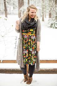 Winter Dresses Can Totally Be Those Floral Patterns Loving This Lularoe Amelia And Duster Cardigan Sarah With A Snowy Backdrop Fashion Womensfashion Lularo