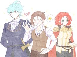 jakka993, alicia termina magentano, javier asrahan, lloyd frontera, the  greatest estate developer, highres, 1girl, 2boys, ascot, blue hair, blush,  breasts, brown vest, cape, epaulettes, green eyes, hand on own hip, medium  breasts,