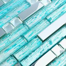 Besides being descent looking, it is also super i just want to suggest when looking for back painted glass kitchen backsplashes ordering them with the paper backing instead of tempered glass is a. Silver Stainless Steel Tile Cyan Blue Glass Backsplash Bathroom Walls