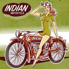 昔のインディアンバイクとセクシーなライダースーツ姿の金髪美女の線画カートゥーンイラスト イラスト イラストレーション カートゥーン