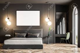 For instance, bedding in dark colors like navy, plum purple, and faded black can be partnered with grey bedroom furniture to give your room a refined, modern edge. Modern Bedroom Interior With Dark Gray Walls A Wooden Floor Stock Photo Picture And Royalty Free Image Image 103095061