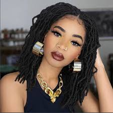 Fancy Hair Full Lace Short Faux Locs Wig with Baby Hair Lace Front  Synthetic Knotless Twist Dreadlock Wig for Black Women (Natural Black)