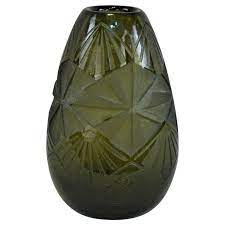 Smoked Green Art Deco Glass Vase By