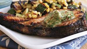 Grilled Salmon Steaks With Sea Salt Chile Lime Butter Video Recipe Finecooking Salmon Steak Salmon Steak Recipes Lime Butter