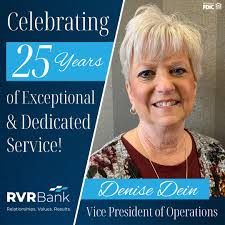 Join us in celebrating Denise Dein today for her 25 years of unwavering  commitment to RVR Bank🥳👏 Thank you for always being a passionate leader  and an exceptional team player. Congratulations Denise