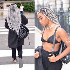 Black And Grey Box Braids On Dark Skin Silver Fox Box Braids Grey Hair Inspiration Hair Styles Ombre Braid