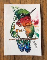 Original ink stippling of hummingbird and flower. Geometric Hummingbird Watercolour And Ink 5x7 Art