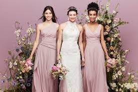 These Quartz Colored Bridesmaid Dresses Are So Romantic Matched With The High Neck Lace Wedding Dres High Neck Lace Wedding Dress Bridesmaid Bridesmaid Dresses