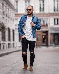 The great thing about using a denim jacket in place of a blazer is the fact that you can dial back your accessories appropriately — hence the use of a classic brown leather watch again. Blue Denim Jacket With Black Ripped Skinny Jeans Casual Outfits For Men 5 Ideas Outfits Lookastic