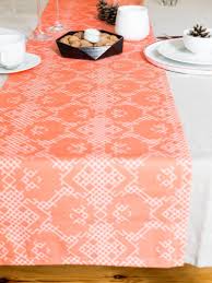 Geometric Table Runner In Coral Pink Orange Festive Runner In Organic Cotton Handmade Modern Runner Dining Table Decoration Handmade Table Runner Festive Tables Handmade Modern