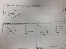 If each quadrilateral below is a square find the missing measures tu=15 : 8 If De 16x 3 Ef 9x 11 And Df 52 Find Chegg Com