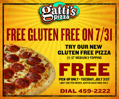 Glutenfree Pizza Day In Austin Free From Gatti S With This Coupon Gluten Free Pizza Pizza Pizza Day