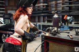 Haydn Porter, redhead, women, ass, model, wavy hair, partially clothed,  dyed hair, women indoors, Playboy, panties, red panties, watermarked,  welding, welding mask, tools, red lipstick, indoors, no bra, naked apron,  apron |
