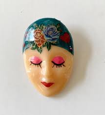 Vintage Lady Face Brooch Dark Turquoise Scarf