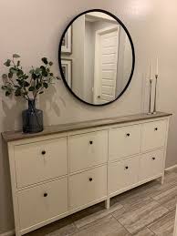 For Our Narrow Entryway We Combined Two Ikea Hemnes Shoe Cabinets And Replaced The Original Top Ikea Hemnes Shoe Cabinet Ikea Shoe Cabinet Hemnes Shoe Cabinet