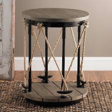 Industrial Rope And Wood Side Table The Modern Lines Are Juxtaposed With Rustic Materials On This Brown Living Room Decor Side Table Wood Nautical Living Room