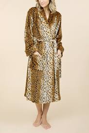 Leopard print robe with button front and adjustable waist with ties. Pierre Cardin Catherine Leopard Print Robe Sunset Surf Turf
