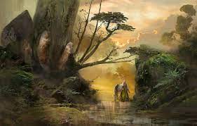 Vector watercolor landscape original painting. Wallpaper Fantasy Forest River Landscape Nature Tree Horse Artwork Fantasy Art Knight Fingers Fantasy Landscape Kamila Szutenberg Images For Desktop Section Fantastika Download